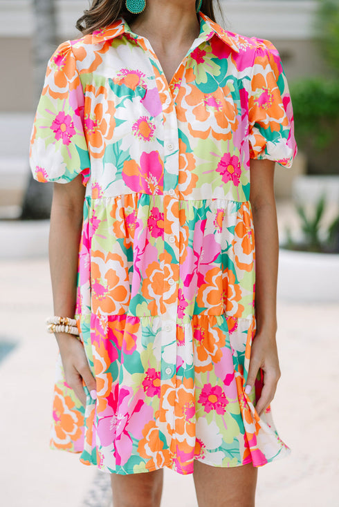 Collared Puff Sleeve Tiered Mini Shirt Dress