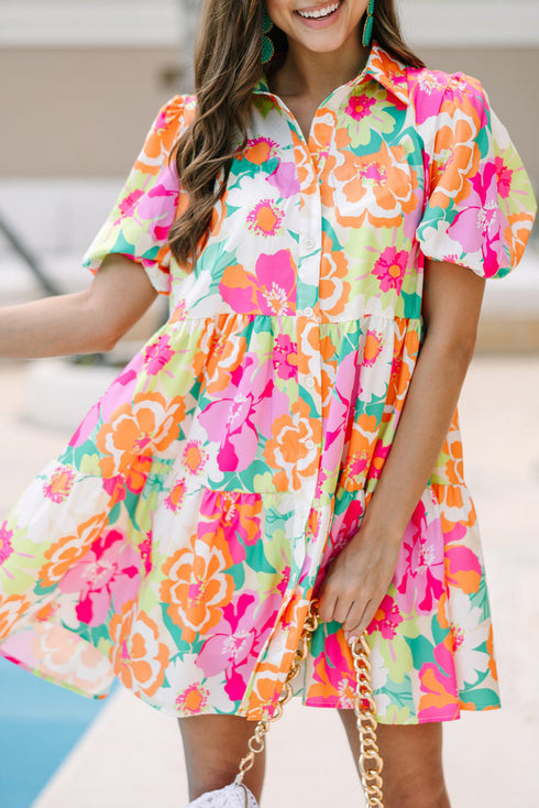 Collared Puff Sleeve Tiered Mini Shirt Dress