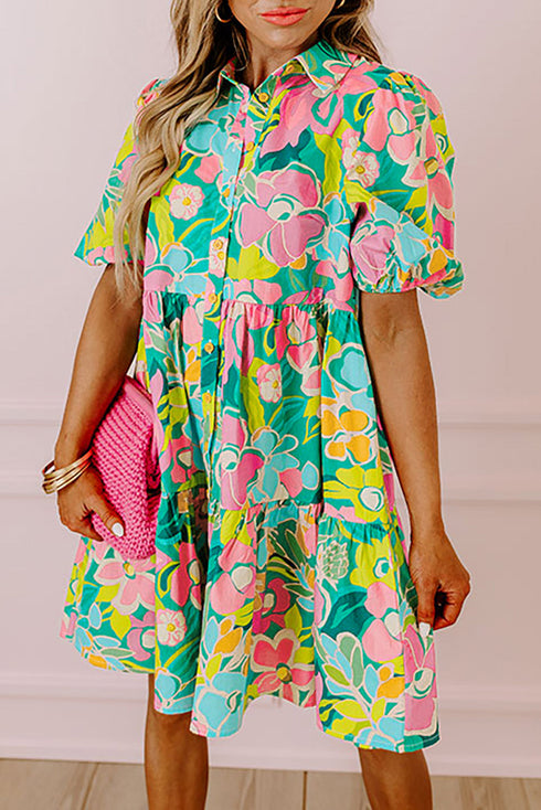 Collared Puff Sleeve Tiered Mini Shirt Dress