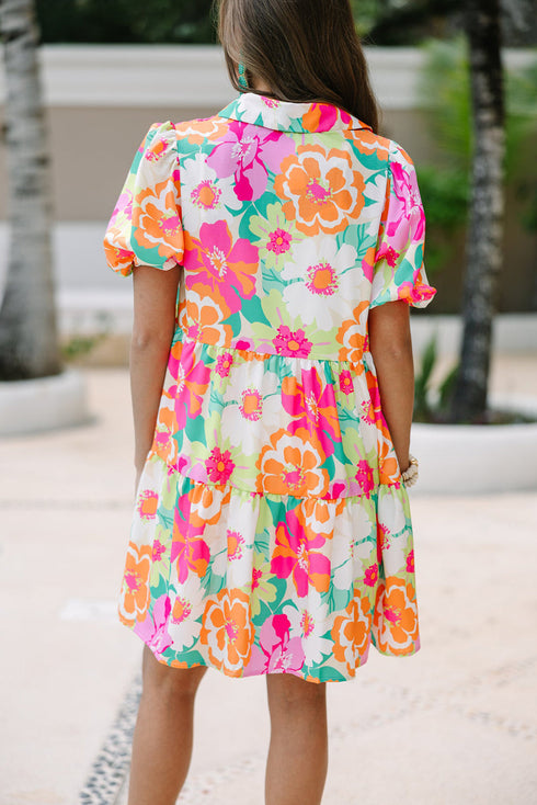 Collared Puff Sleeve Tiered Mini Shirt Dress