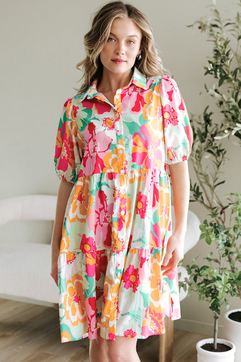 Collared Puff Sleeve Tiered Mini Shirt Dress