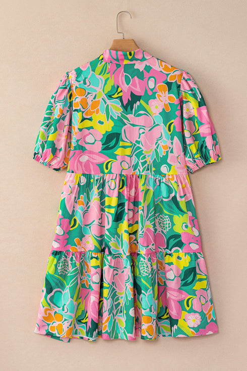 Collared Puff Sleeve Tiered Mini Shirt Dress