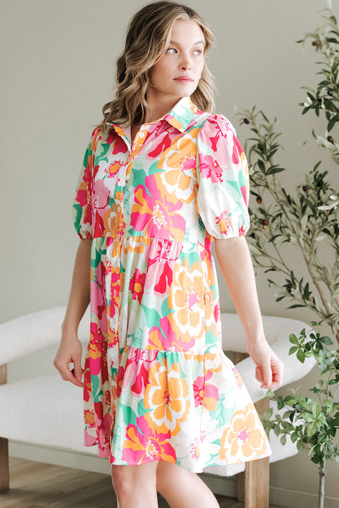 Collared Puff Sleeve Tiered Mini Shirt Dress