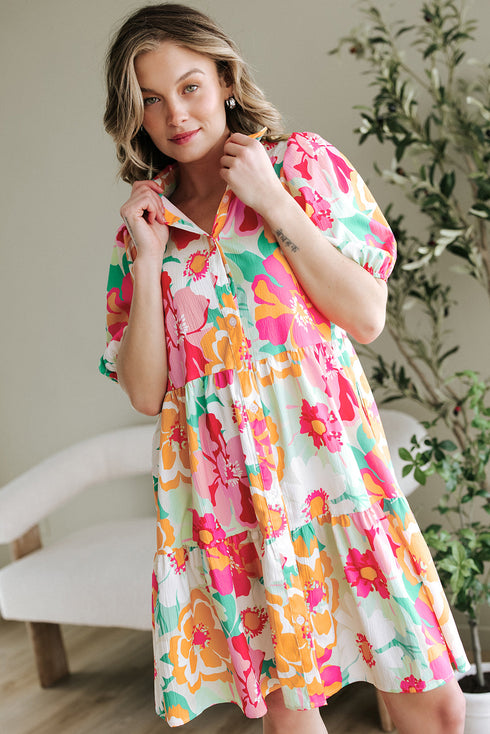 Collared Puff Sleeve Tiered Mini Shirt Dress