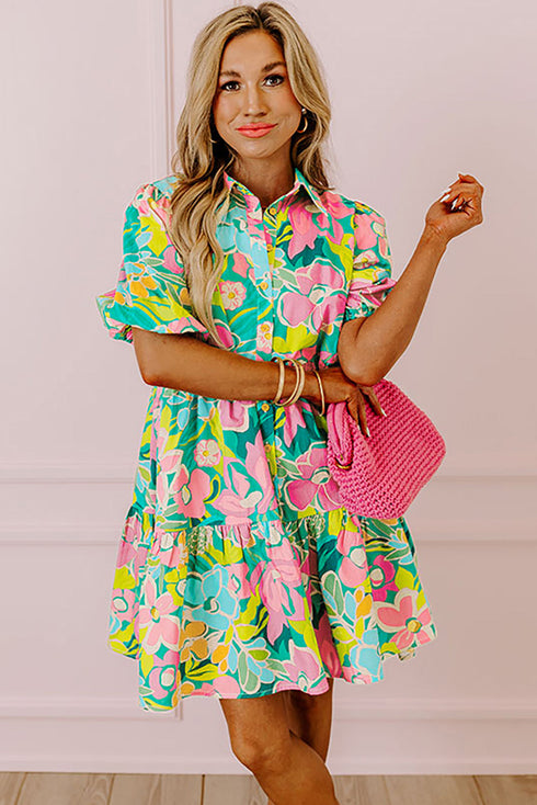 Collared Puff Sleeve Tiered Mini Shirt Dress