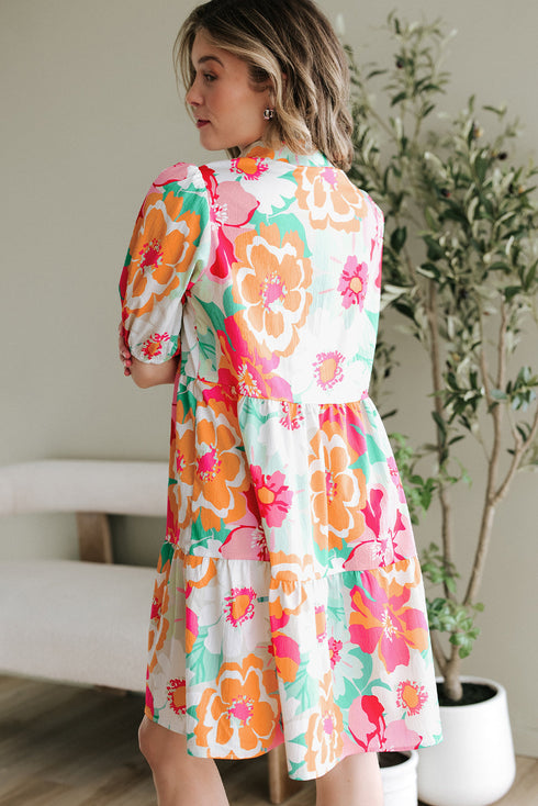 Collared Puff Sleeve Tiered Mini Shirt Dress