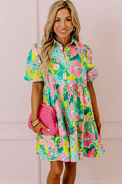 Collared Puff Sleeve Tiered Mini Shirt Dress
