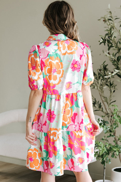Collared Puff Sleeve Tiered Mini Shirt Dress