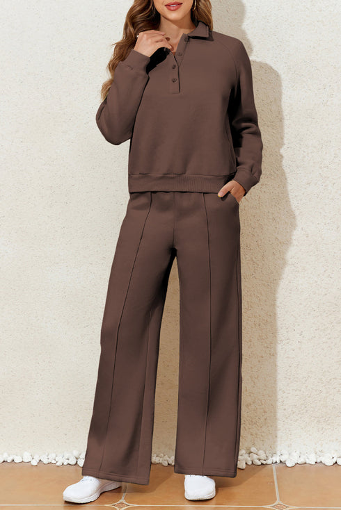 Collared Raglan Sweatshirt And Wide Leg Pant Set