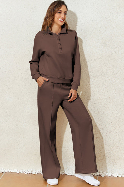 Collared Raglan Sweatshirt And Wide Leg Pant Set