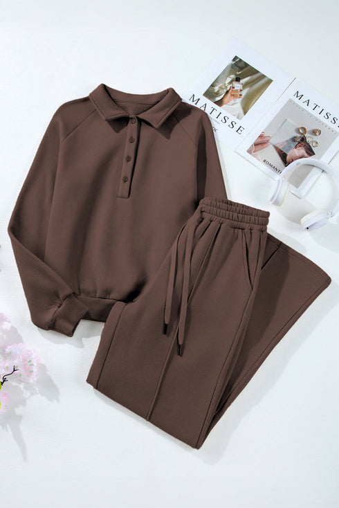 Collared Raglan Sweatshirt And Wide Leg Pant Set