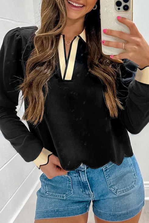 Collared Scallop Trim Long Sleeve Contrast Blocked Top