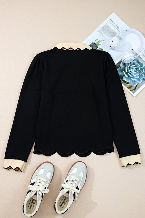 Collared Scallop Trim Long Sleeve Contrast Blocked Top