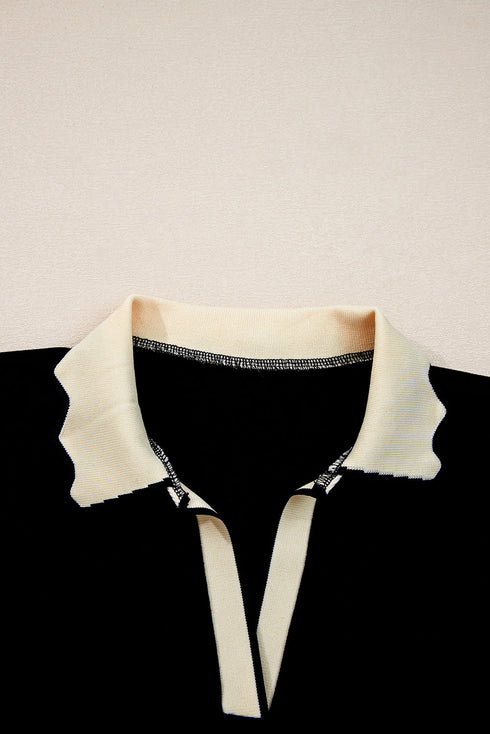 Collared Scallop Trim Long Sleeve Contrast Blocked Top