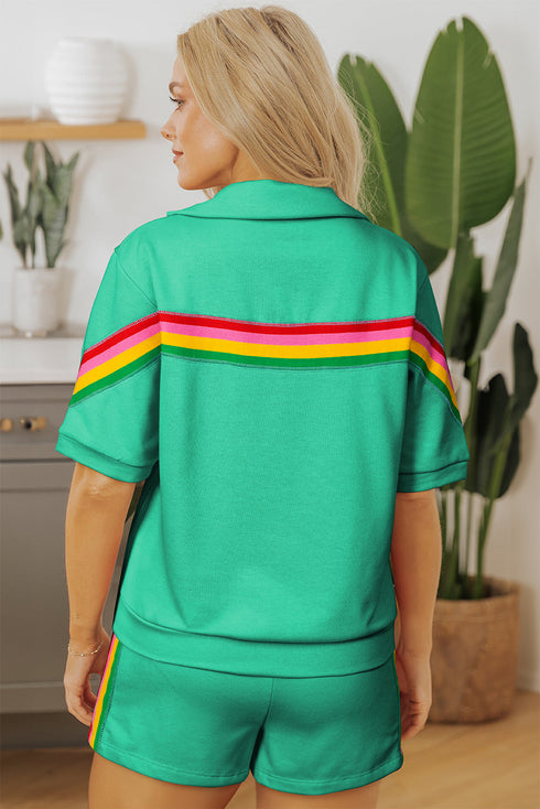 Collared Short Sleeve Patchwork Applique Two Piece Short Set