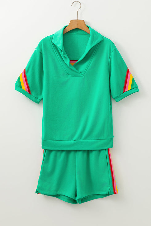 Collared Short Sleeve Patchwork Applique Two Piece Short Set