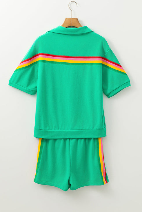 Collared Short Sleeve Patchwork Applique Two Piece Short Set
