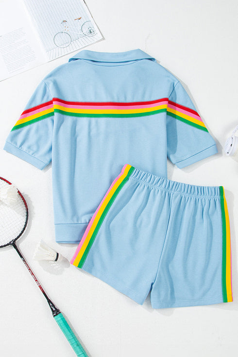 Collared Short Sleeve Patchwork Applique Two Piece Short Set