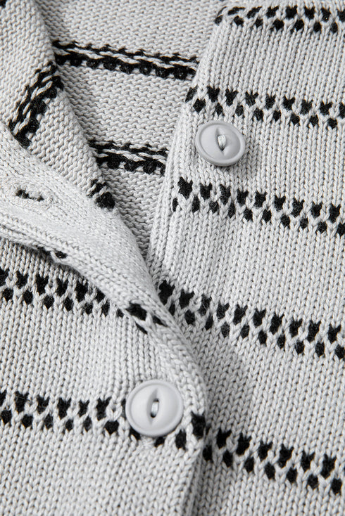 Collared Striped Pointelle Knit Button Front Cardigan