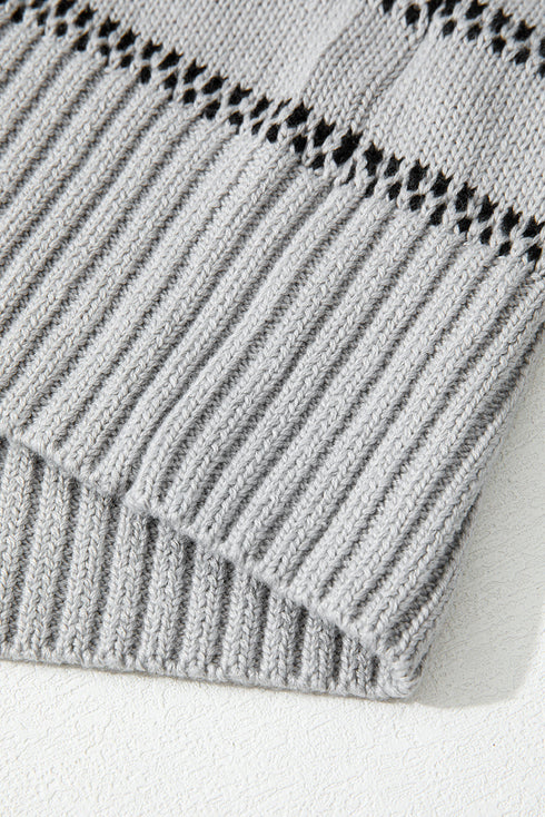 Collared Striped Pointelle Knit Button Front Cardigan
