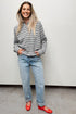 Collared Striped Pointelle Knit Button Front Cardigan