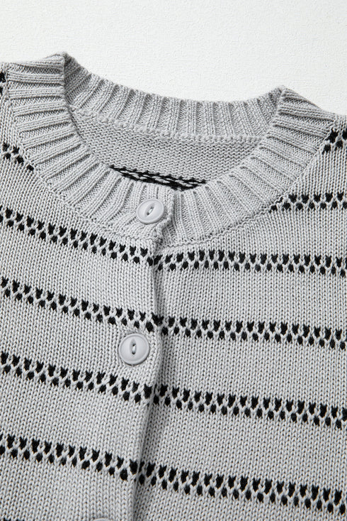 Collared Striped Pointelle Knit Button Front Cardigan