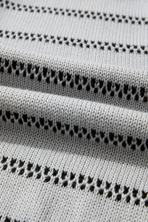 Collared Striped Pointelle Knit Button Front Cardigan
