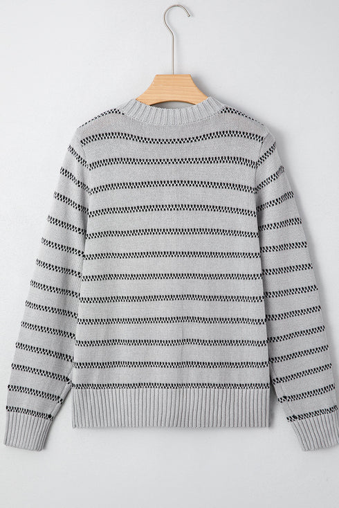 Collared Striped Pointelle Knit Button Front Cardigan