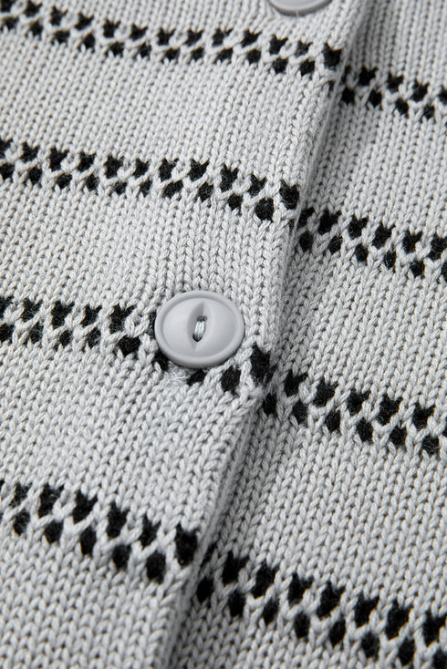 Collared Striped Pointelle Knit Button Front Cardigan