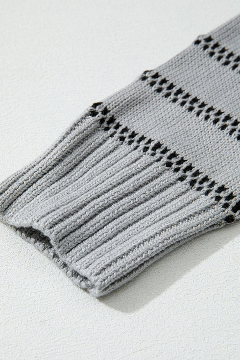 Collared Striped Pointelle Knit Button Front Cardigan