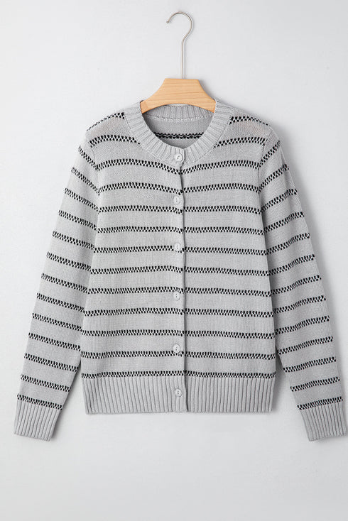 Collared Striped Pointelle Knit Button Front Cardigan