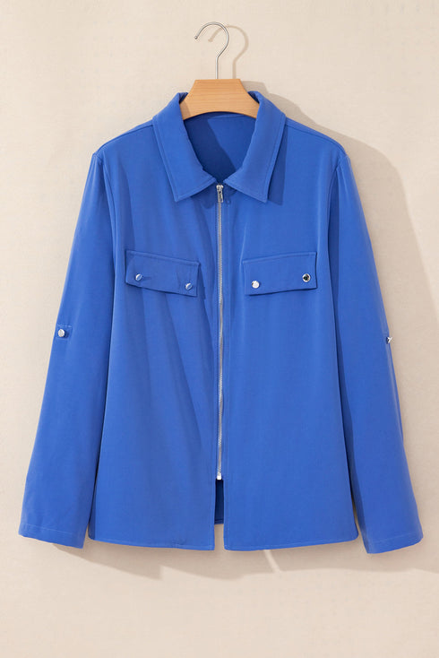 Collared Tab Sleeve Zip Up Flap Detail Casual Jacket
