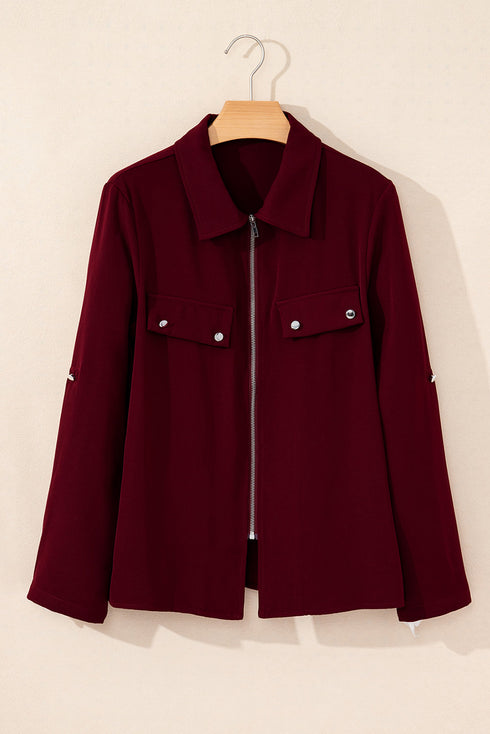 Collared Tab Sleeve Zip Up Flap Detail Casual Jacket