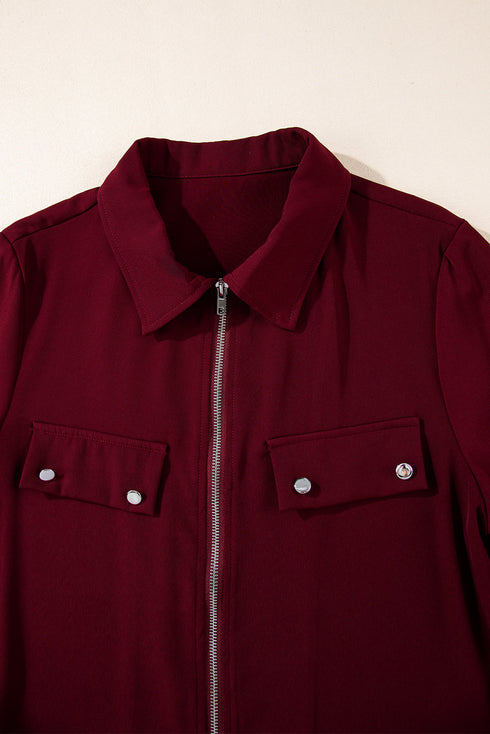 Collared Tab Sleeve Zip Up Flap Detail Casual Jacket