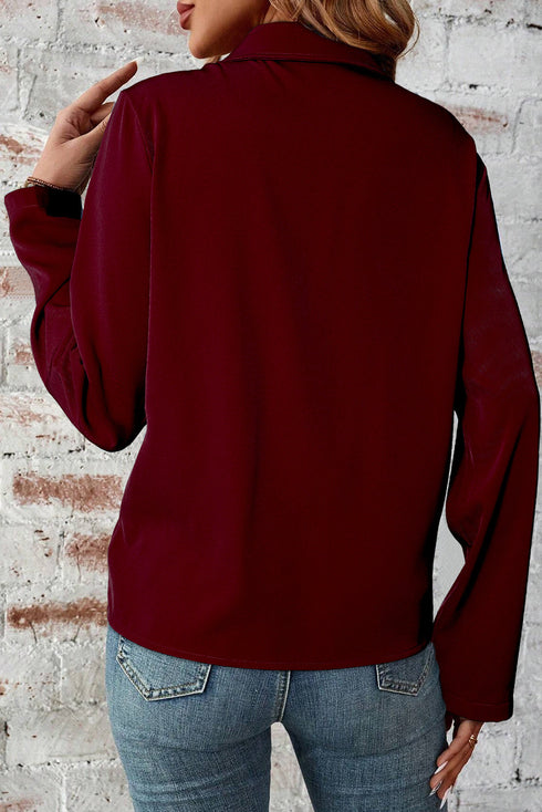 Collared Tab Sleeve Zip Up Flap Detail Casual Jacket