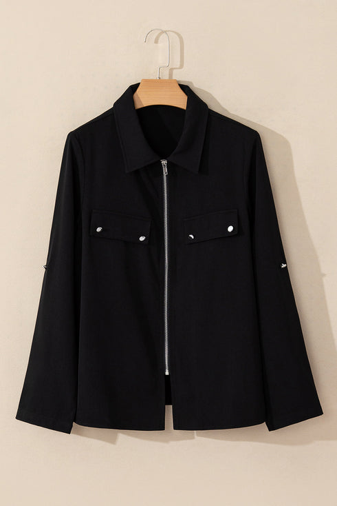 Collared Tab Sleeve Zip Up Flap Detail Casual Jacket