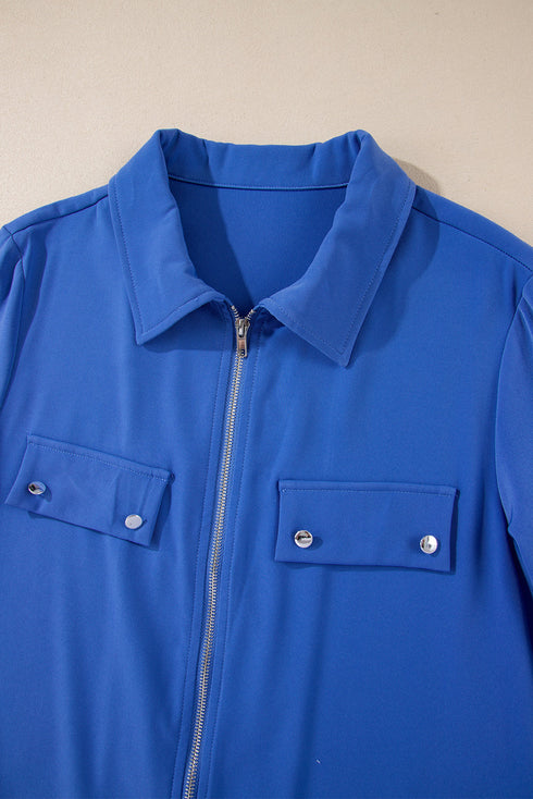 Collared Tab Sleeve Zip Up Flap Detail Casual Jacket