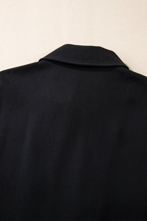 Collared Tab Sleeve Zip Up Flap Detail Casual Jacket