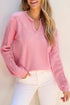 Collared V Neck Floral Detail Textured Sleeve Sweater