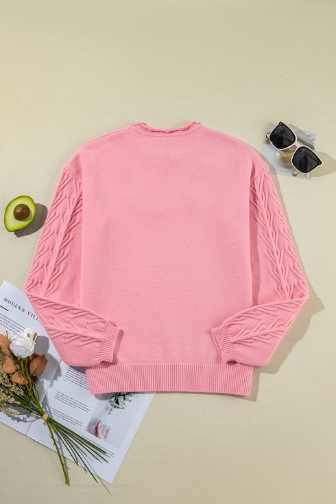 Collared V Neck Floral Detail Textured Sleeve Sweater