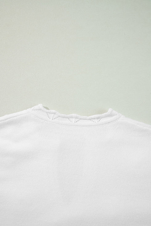 Collared V Neck Floral Detail Textured Sleeve Sweater