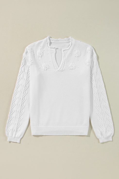 Collared V Neck Floral Detail Textured Sleeve Sweater