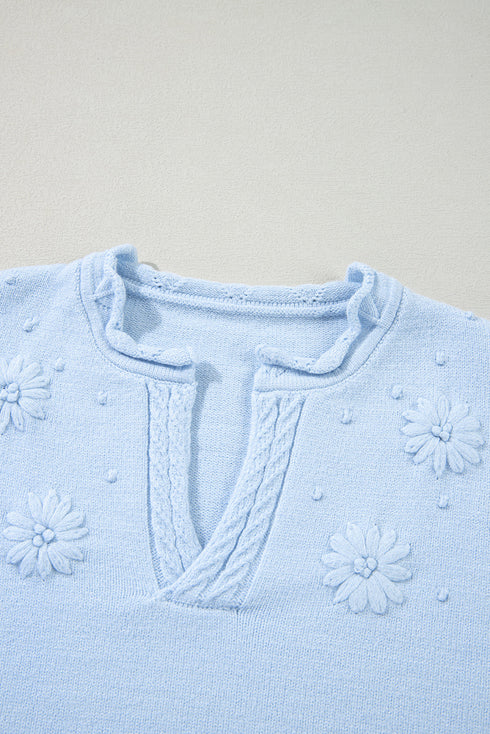 Collared V Neck Floral Detail Textured Sleeve Sweater
