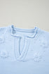 Collared V Neck Floral Detail Textured Sleeve Sweater