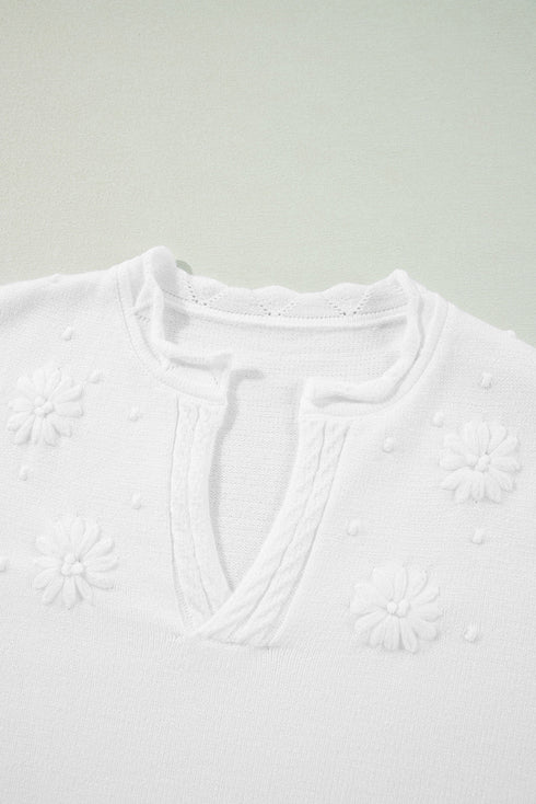 Collared V Neck Floral Detail Textured Sleeve Sweater