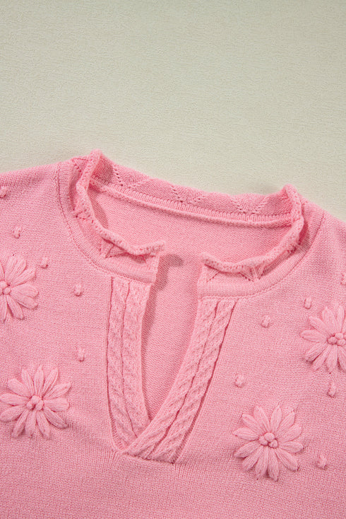 Collared V Neck Floral Detail Textured Sleeve Sweater