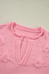 Collared V Neck Floral Detail Textured Sleeve Sweater