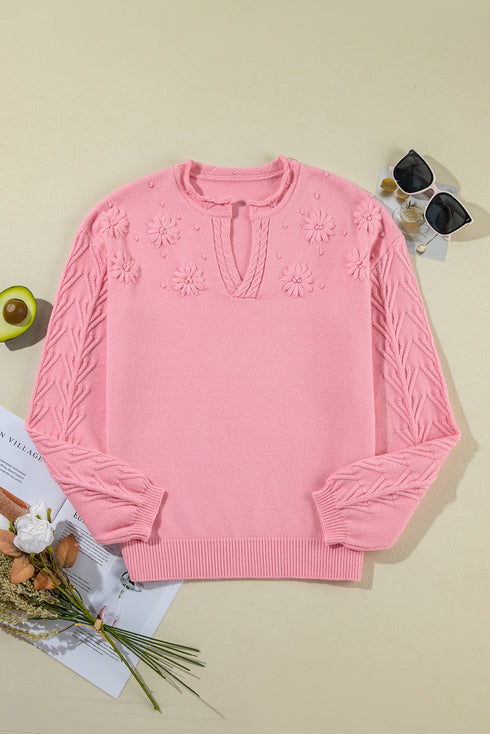 Collared V Neck Floral Detail Textured Sleeve Sweater