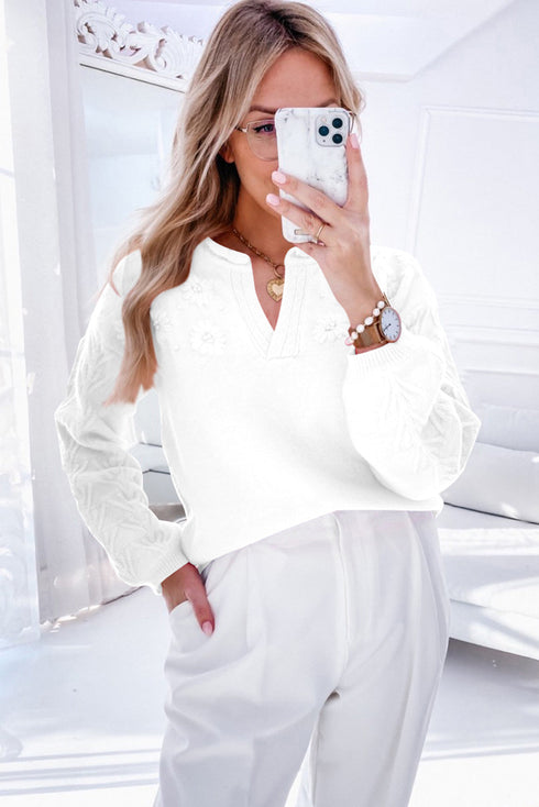 Collared V Neck Floral Detail Textured Sleeve Sweater