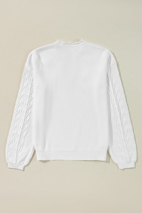 Collared V Neck Floral Detail Textured Sleeve Sweater